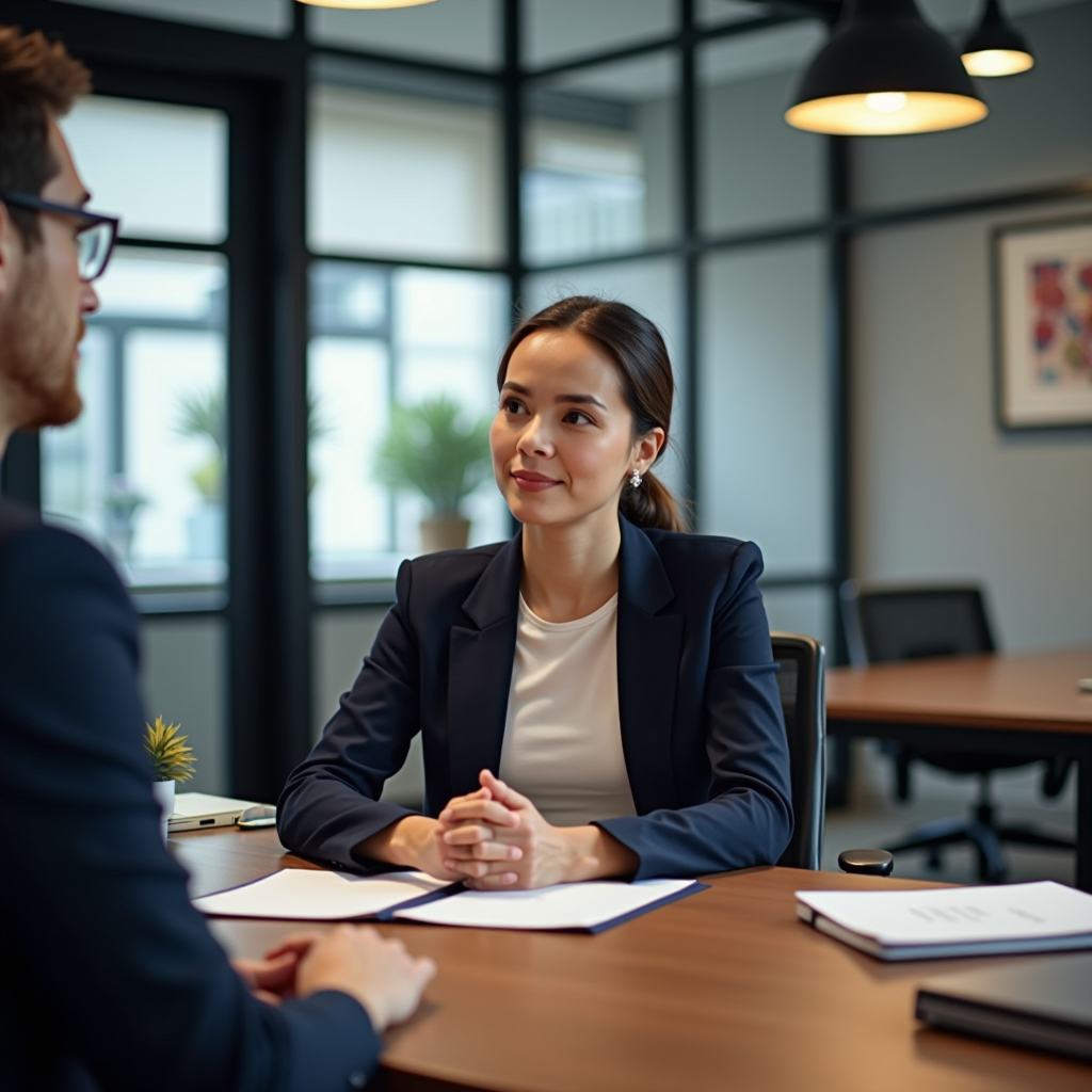 Bureau de consultation juridique professionnel avec design intérieur moderne, bureau, documents et atmosphère professionnelle
