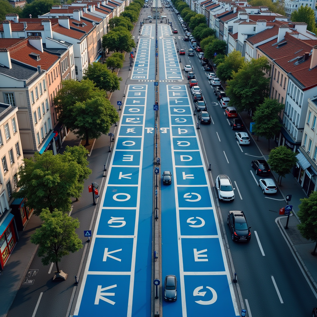 Vue aérienne d'une grande ville française avec zones de stationnement réglementé clairement marquées au sol en bleu et blanc, véhicules garés le long des rues, panneaux de signalisation modernes, atmosphère urbaine professionnelle