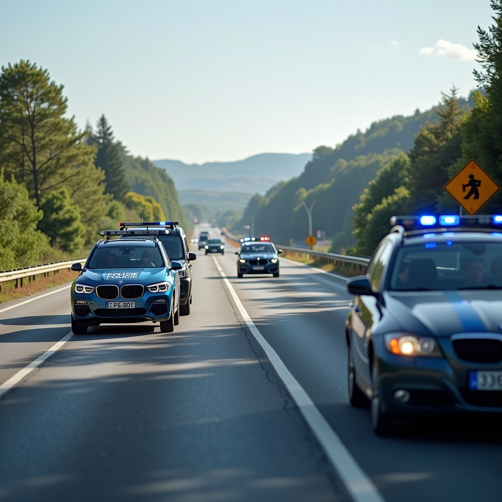 Contrôles routiers de la police nationale et de la gendarmerie sur autoroute française durant les vacances scolaires, avec radars mobiles et véhicules officiels