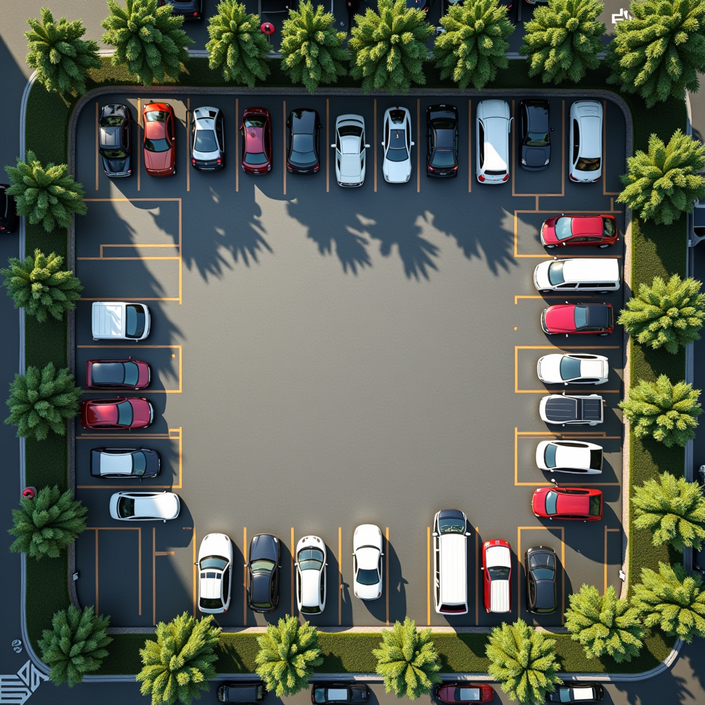 Vue aérienne d'une zone de stationnement urbain moderne avec marquages au sol clairs, panneaux de signalisation et véhicules garés dans une grande ville française, éclairage naturel