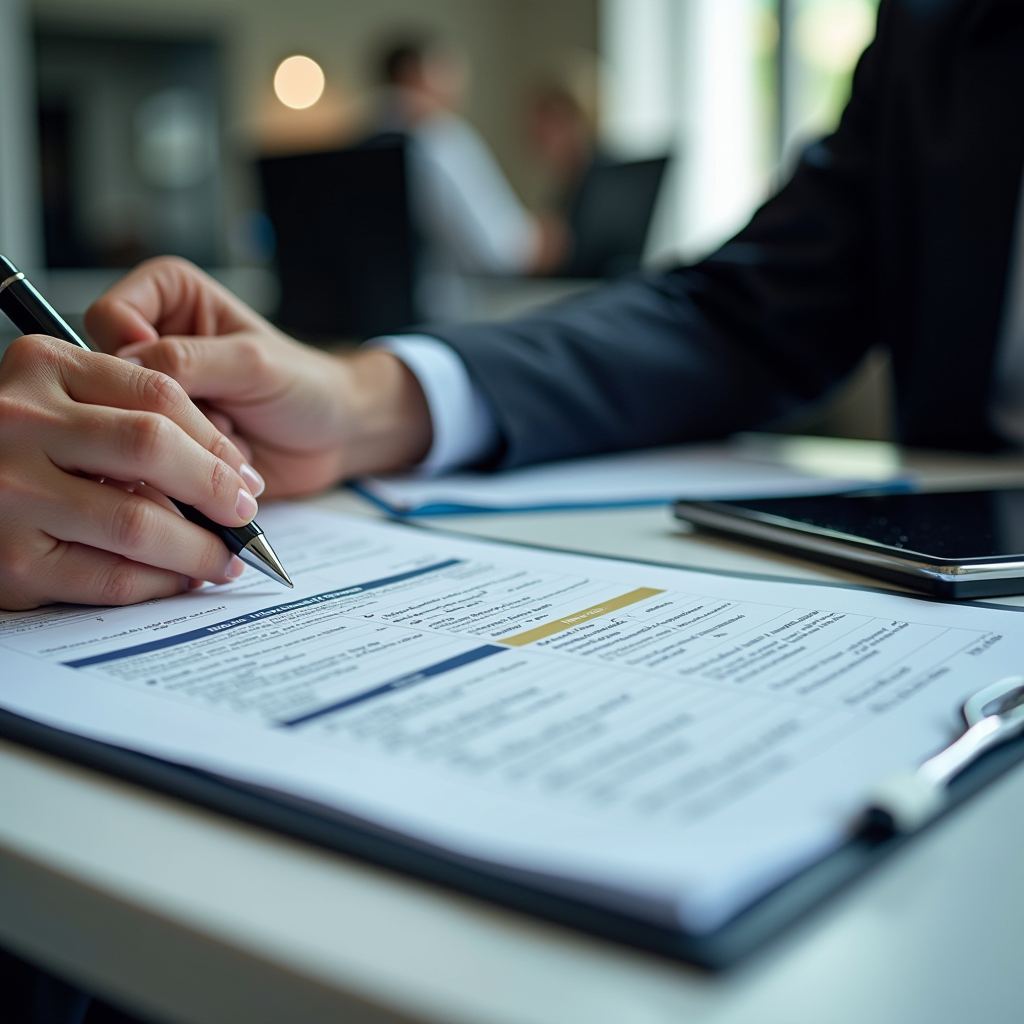 Accompagnement administratif pour infractions routières, bureau avec formulaires officiels, documents et dossiers organisés professionnellement