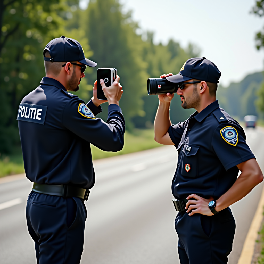 Contrôle routier professionnel avec radar de vitesse moderne et éthylotest, agents en uniforme effectuant des vérifications sur une route française pendant la période des vacances scolaires