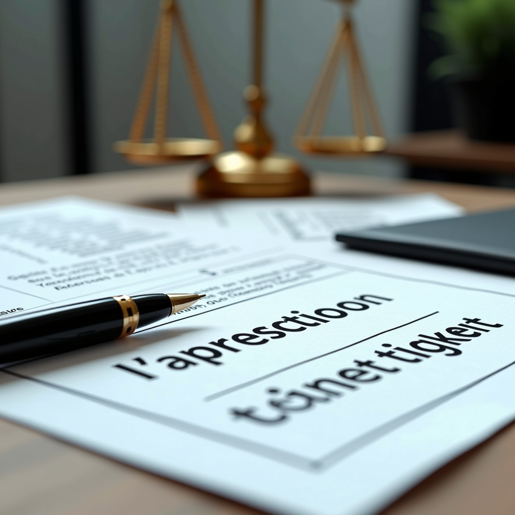 Bureau professionnel avec documents administratifs français, formulaires de contestation de contravention, stylo et balance de justice symbolisant les démarches légales et le respect des procédures