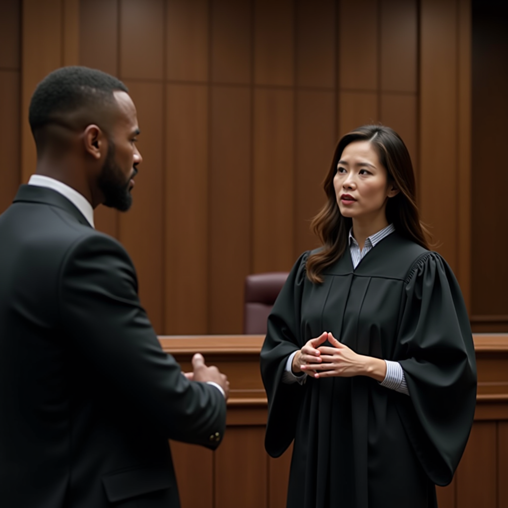 Représentation juridique professionnelle devant tribunal, avocat en robe présentant des arguments devant commission administrative, salle d'audience formelle